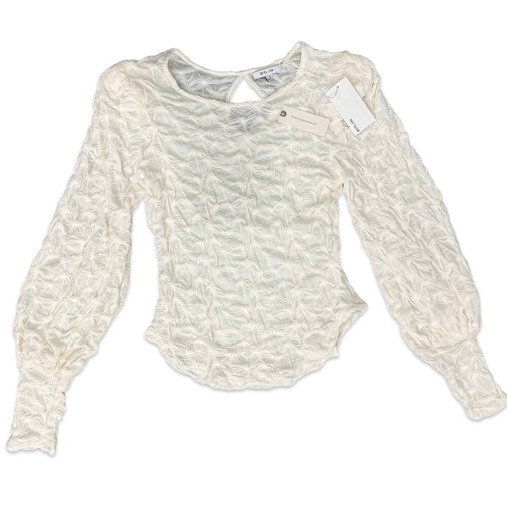 Anthropologie BTFL Life Ivory Textured Popcorn Bishop Sleeve Blouse Sz S NEW Tag - Picture 10 of 11